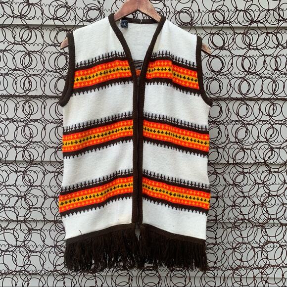 Vintage 70s knit striped zip up sweater vest with fringe - Picture 1 of 8